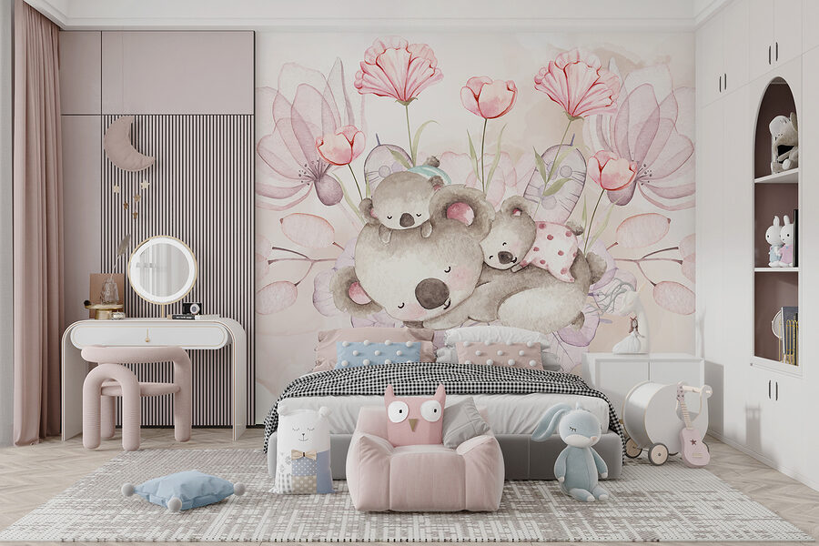A watercolor illustration of a couple of koalas and flowers A watercolor illustration of a couple of koalas and flowers