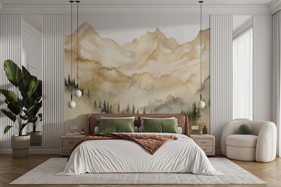 Wall murals A mountain range with trees and clouds