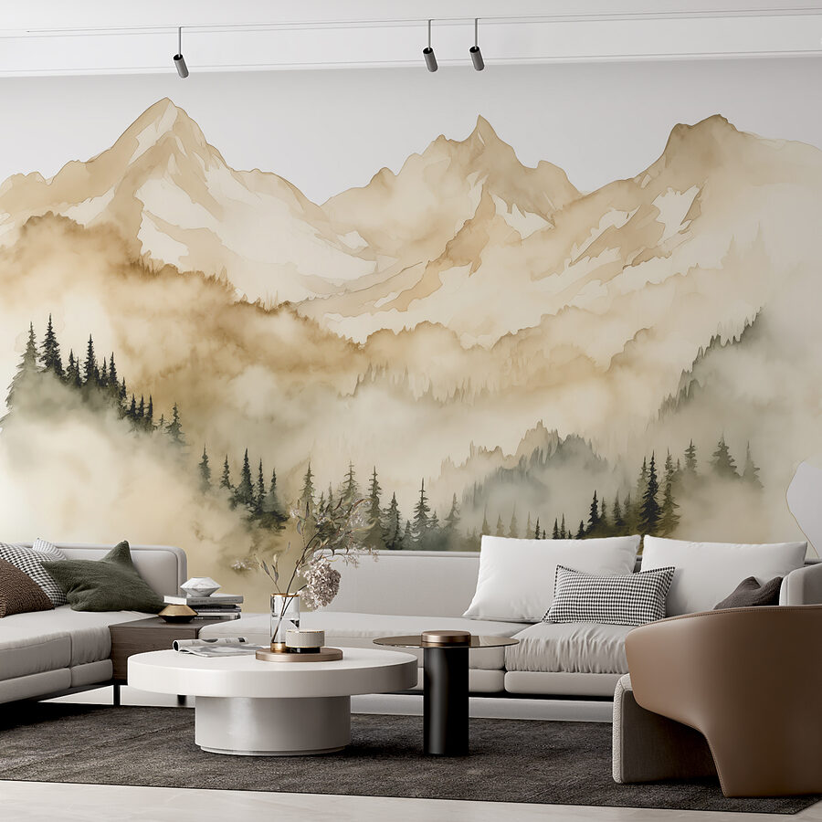 Wall murals A mountain range with trees and clouds - Image 2