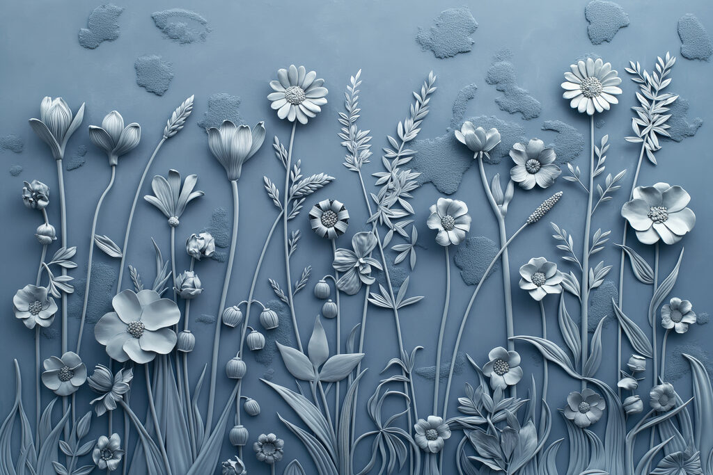A grey wall with flowers and leaves