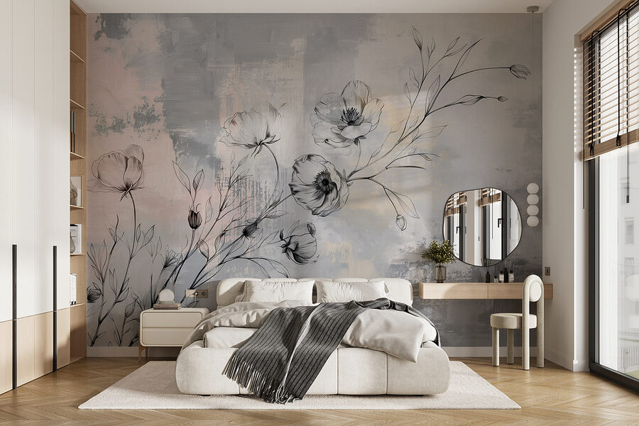 A drawing of flowers on a grey background