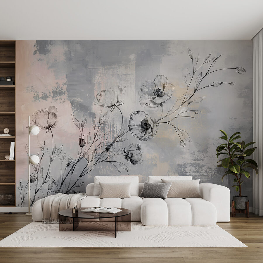 A drawing of flowers on a grey background