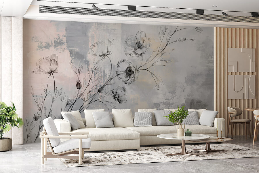 A drawing of flowers on a grey background