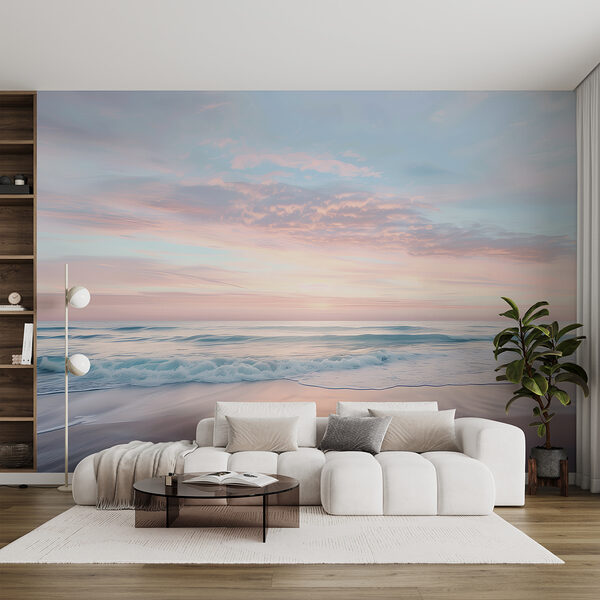 A beach with waves and a pink sky A beach with waves and a pink sky