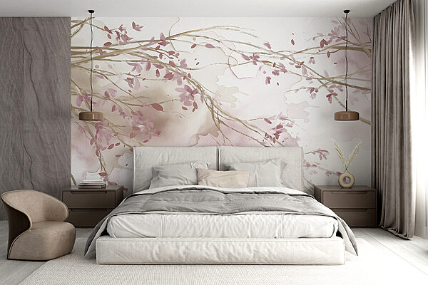 Watercolor of a tree branch with pink flowers Watercolor of a tree branch with pink flowers