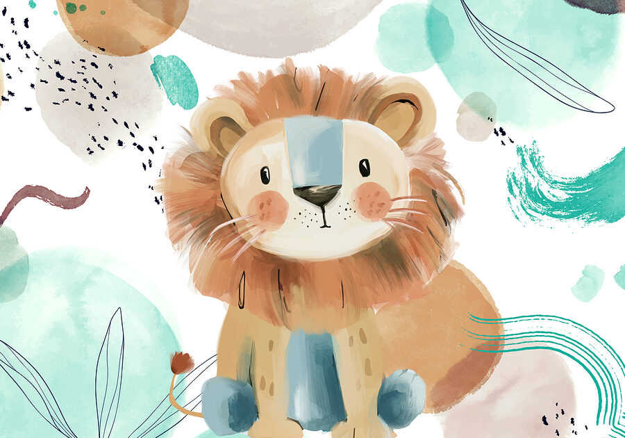 Cartoon lion with blue and white spots