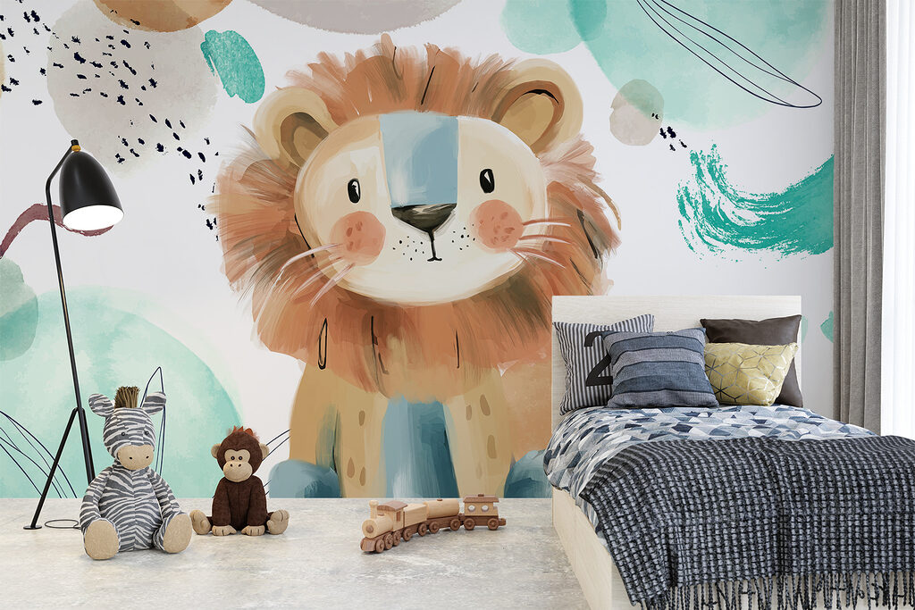 Cartoon lion with blue and white spots