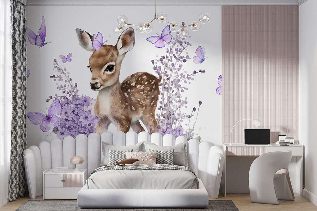 Baby deer surrounded by purple flowers