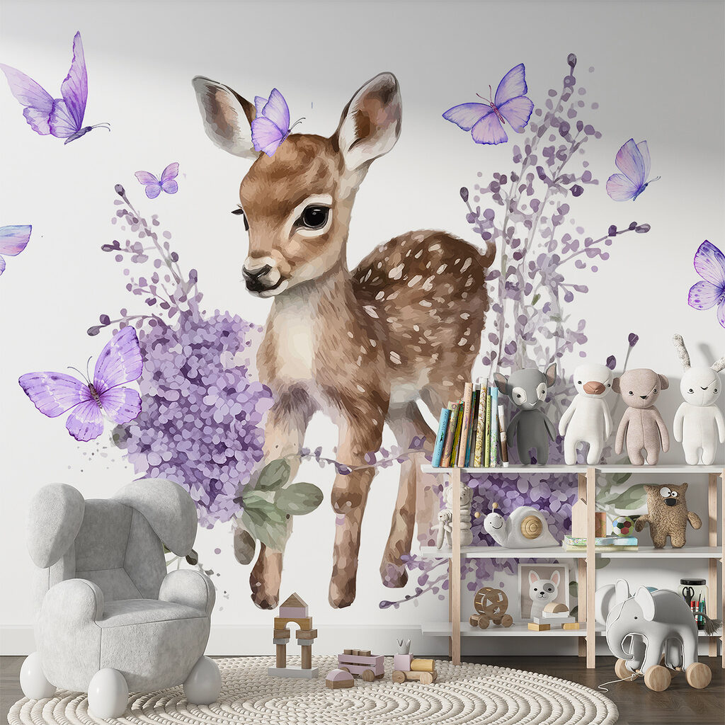 Baby deer surrounded by purple flowers