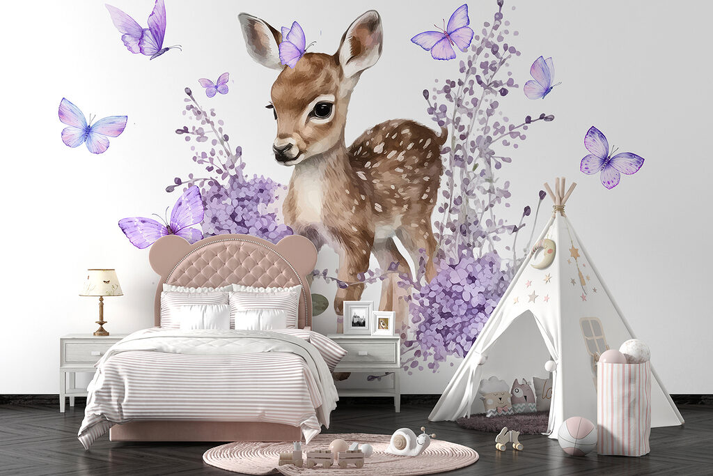 Baby deer surrounded by purple flowers