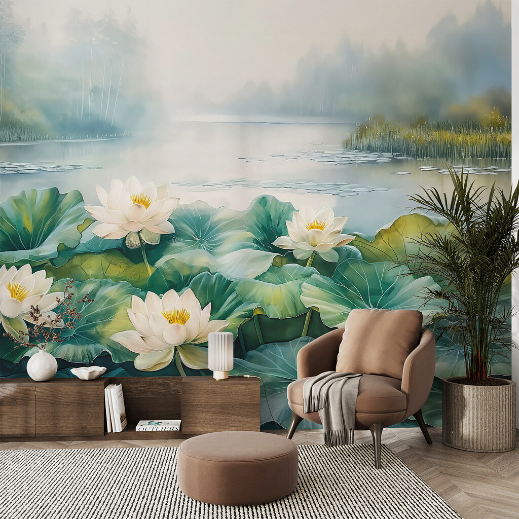 Painting of a pond with white flowers and green leaves Painting of a pond with white flowers and green leaves