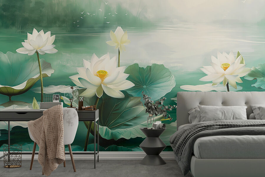 Painting of white flowers and leaves in a lake Painting of white flowers and leaves in a lake