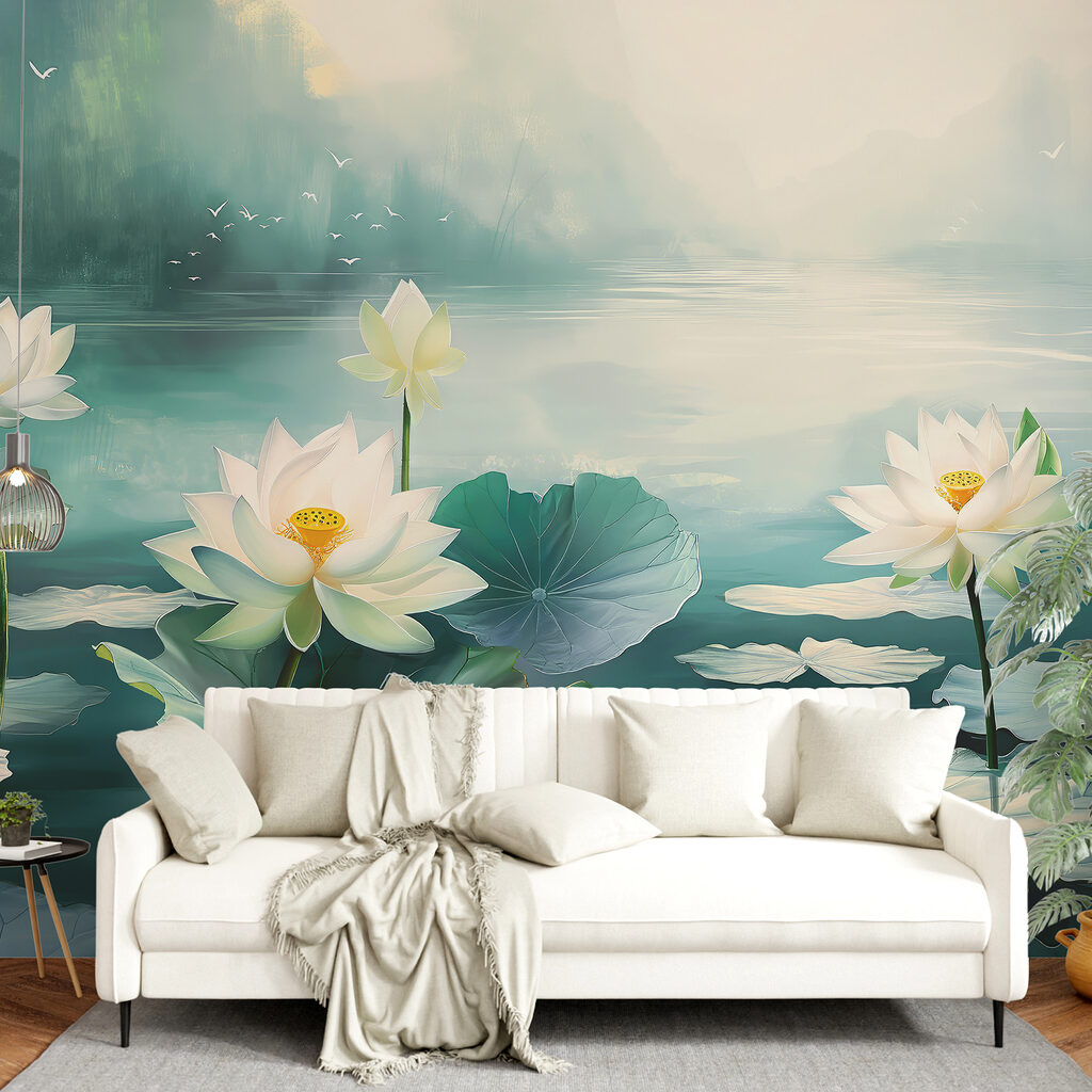 Painting of white flowers and leaves on water
