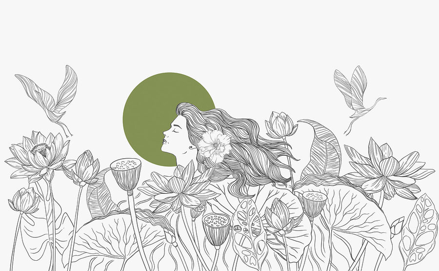 Drawing of a woman with long hair and flowers