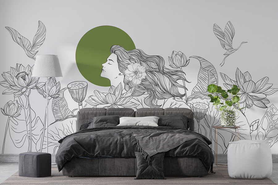 Drawing of a woman with long hair and flowers