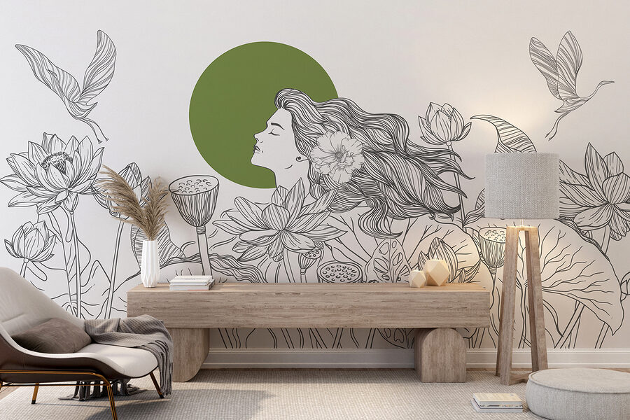 Drawing of a woman with long hair and flowers