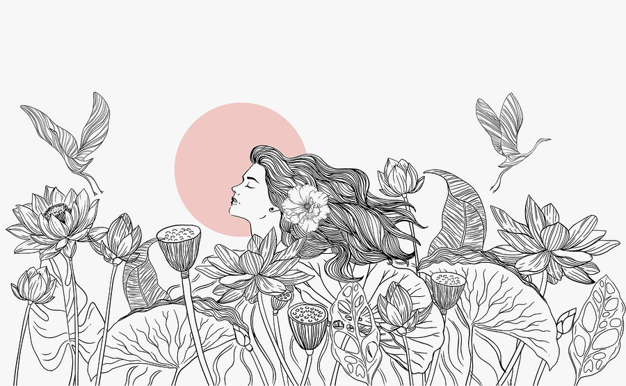 Wall murals Drawing of a woman with long hair and flowers - Image 4