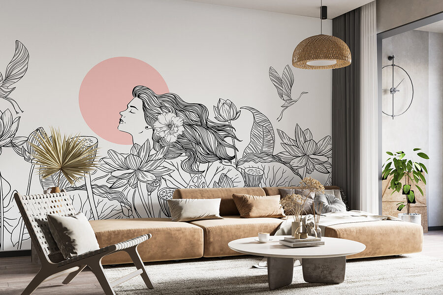 Wall murals Drawing of a woman with long hair and flowers