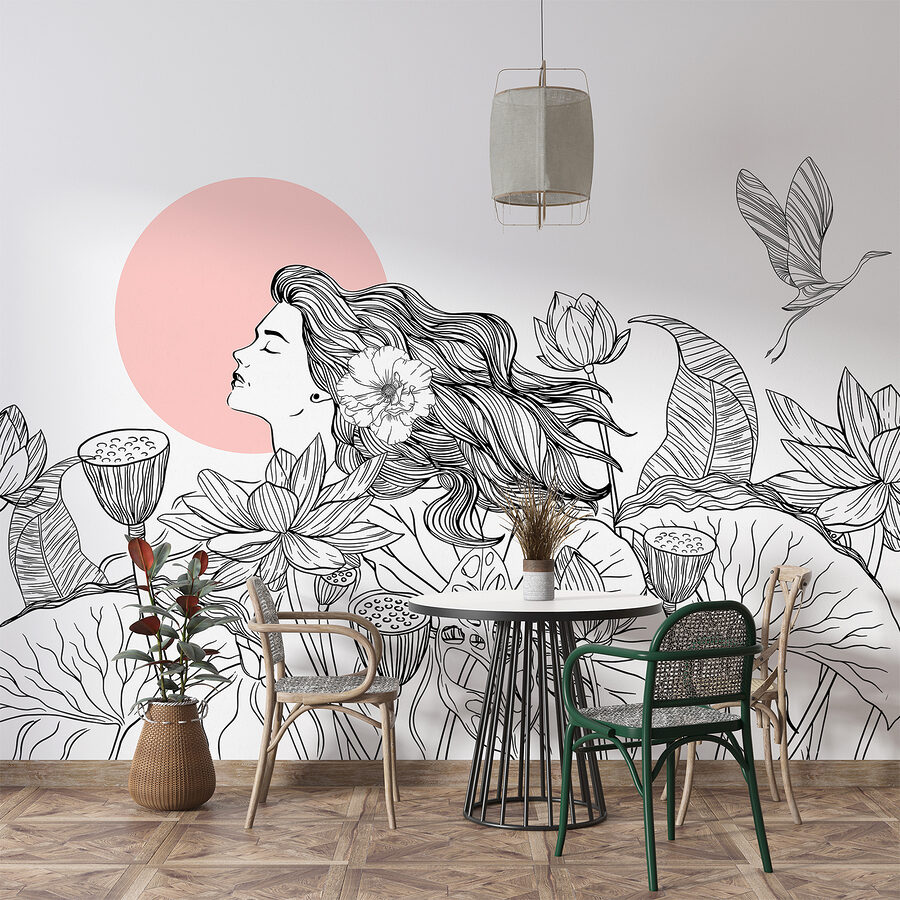 Wall murals Drawing of a woman with long hair and flowers - Image 2