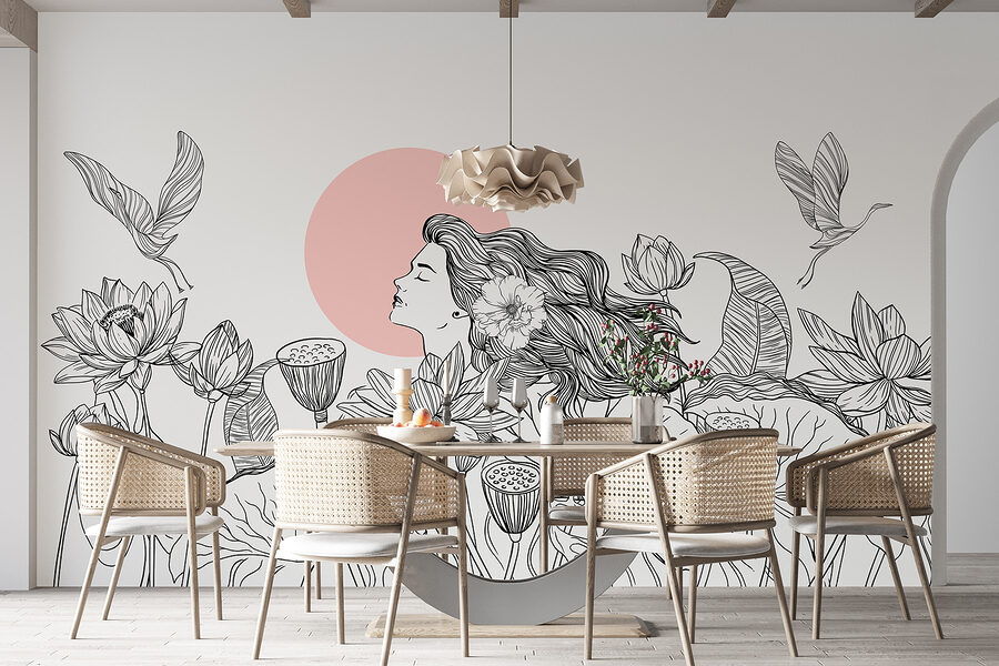 Wall murals Drawing of a woman with long hair and flowers - Image 3