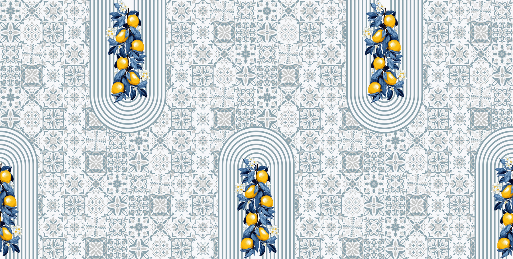 Pattern of fruit on a white and blue background