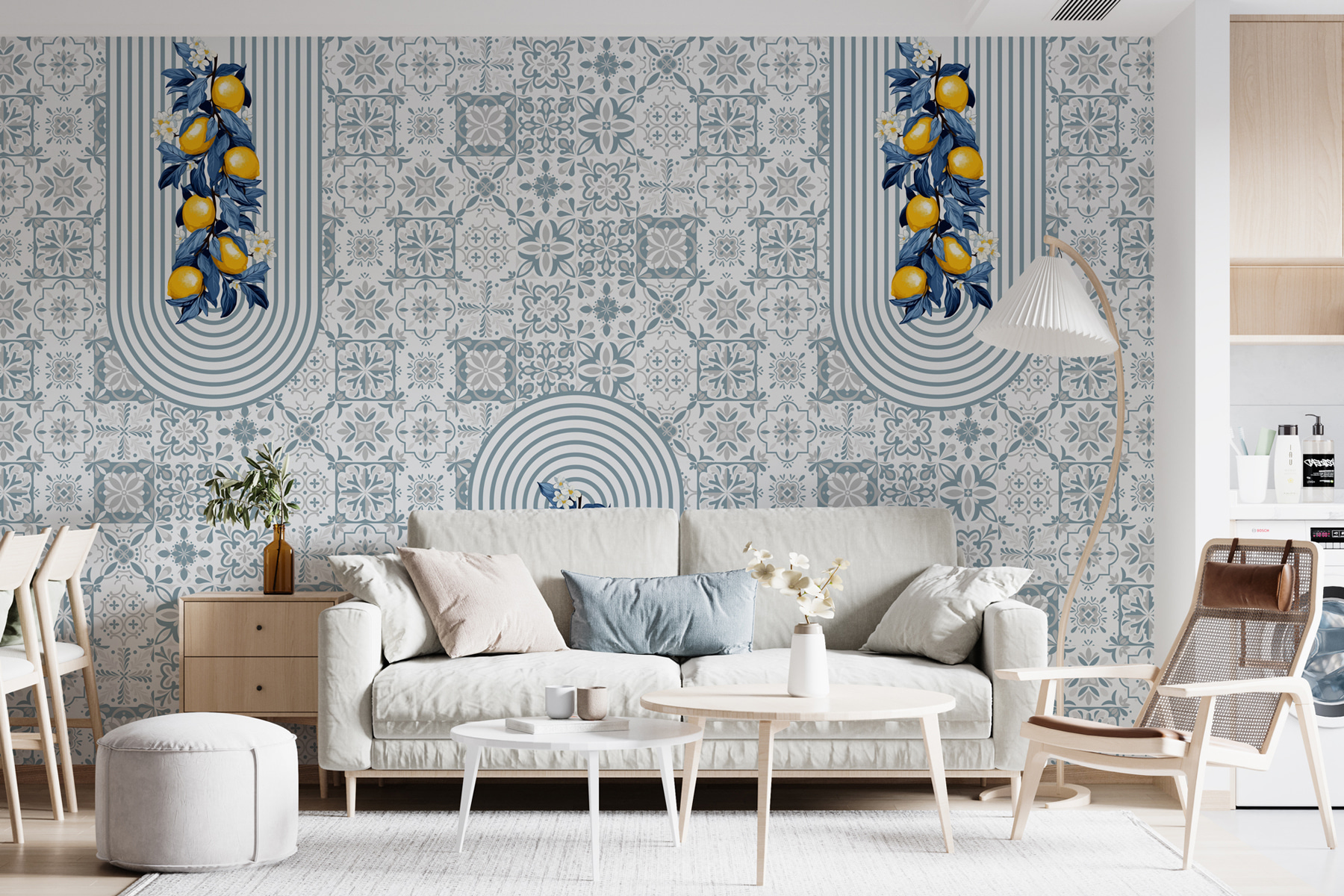 Pattern of fruit on a white and blue background