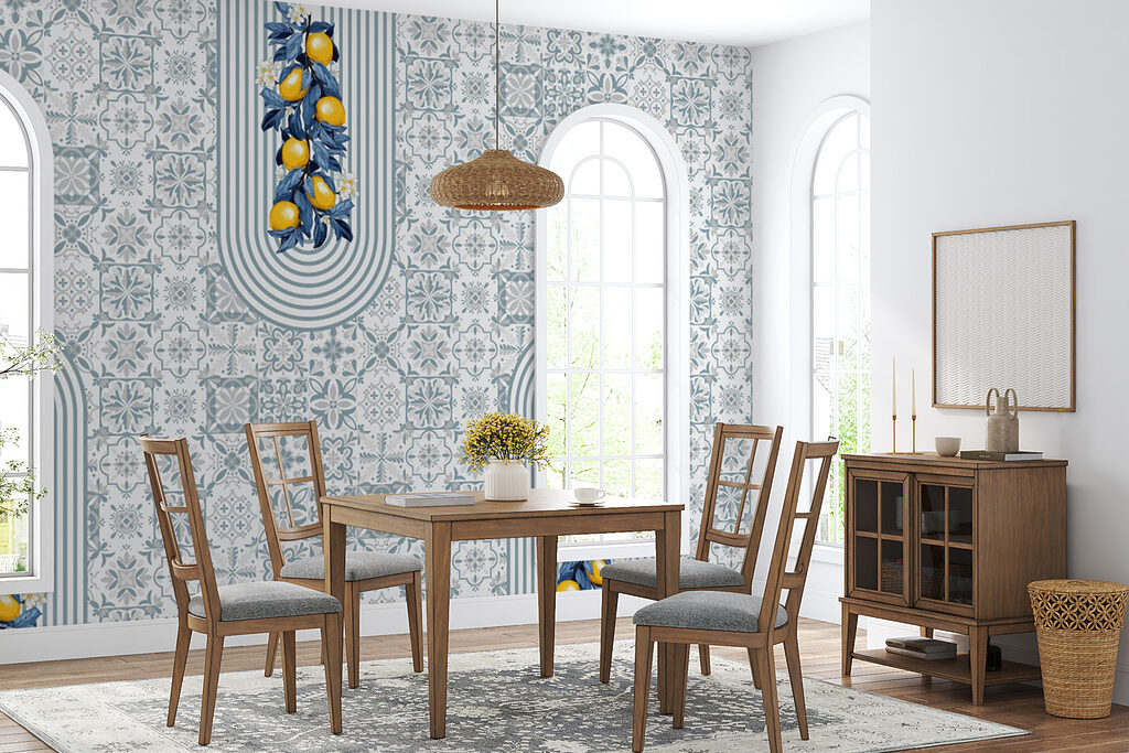 Pattern of fruit on a white and blue background