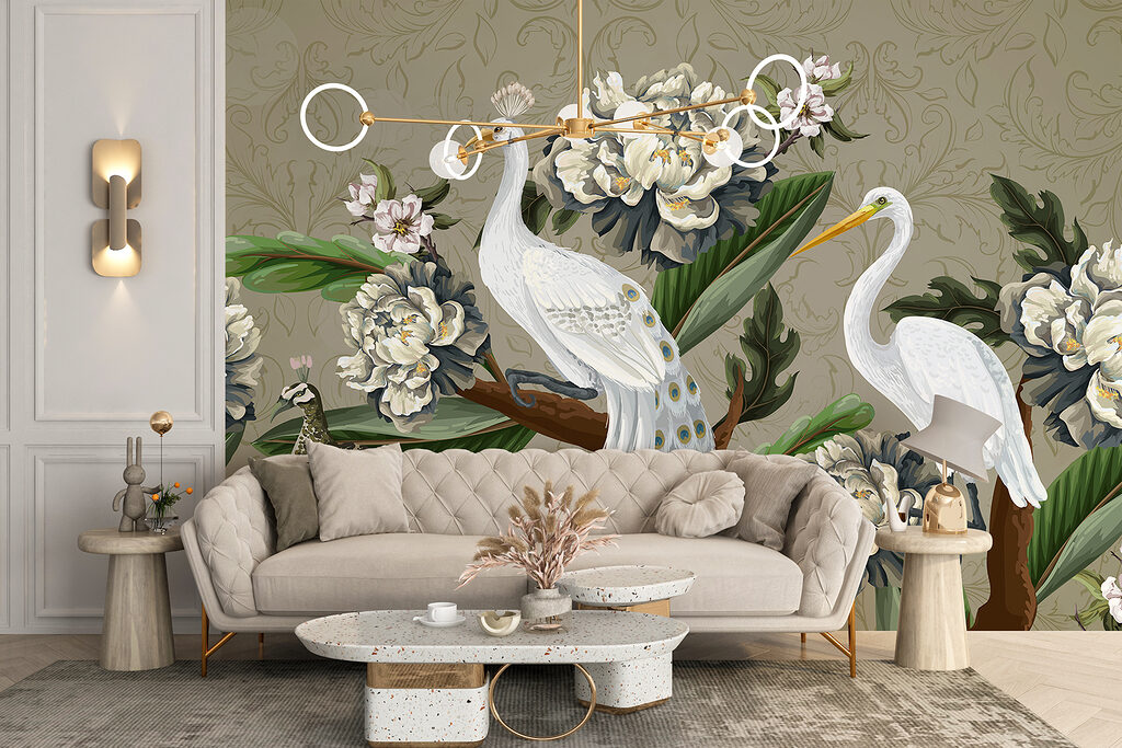 Wallpaper with birds and flowers