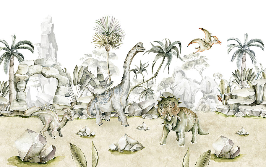 Watercolor of dinosaurs and plants