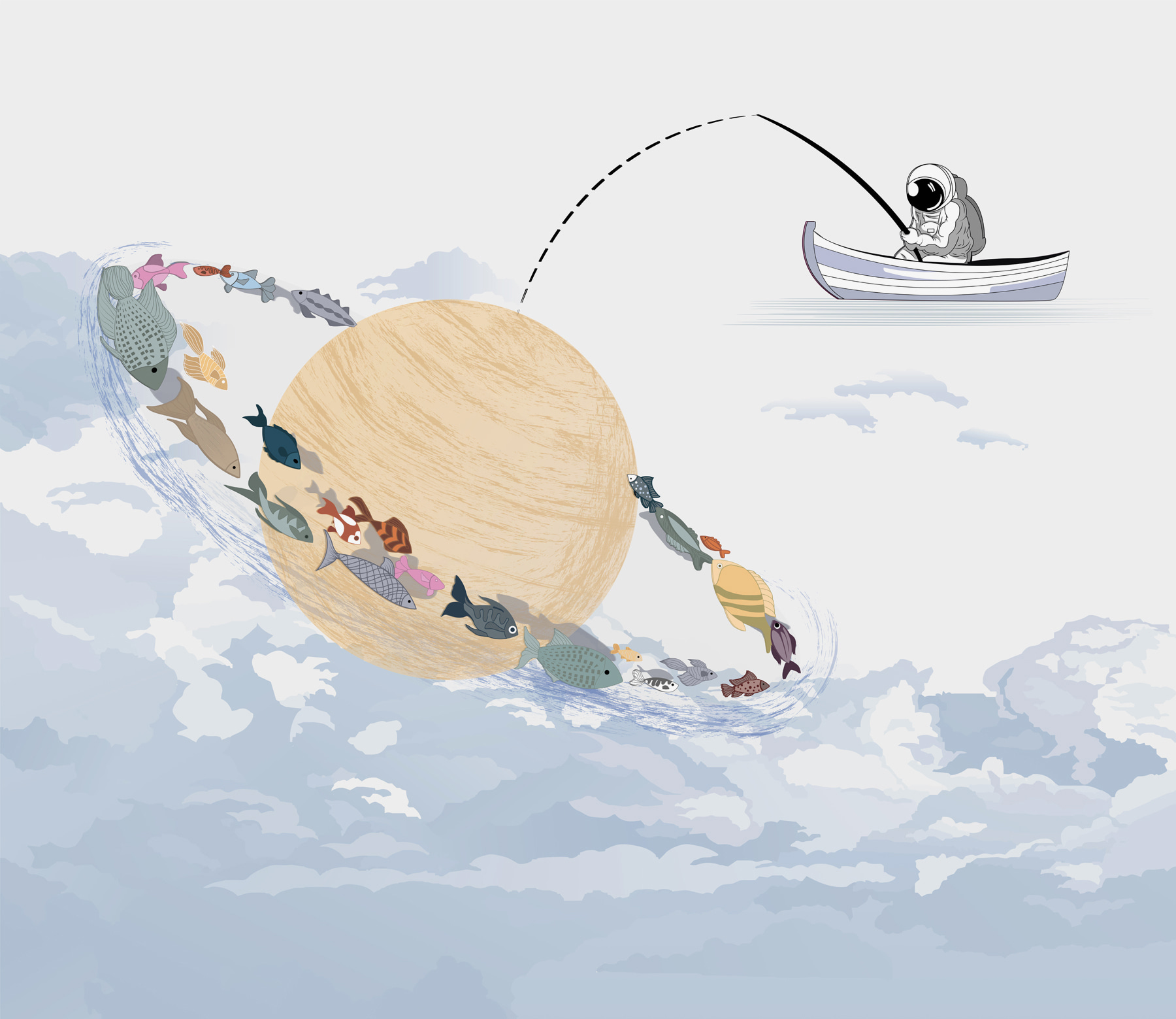 Cartoon of a planet with fish in it Cartoon of a planet with fish in it