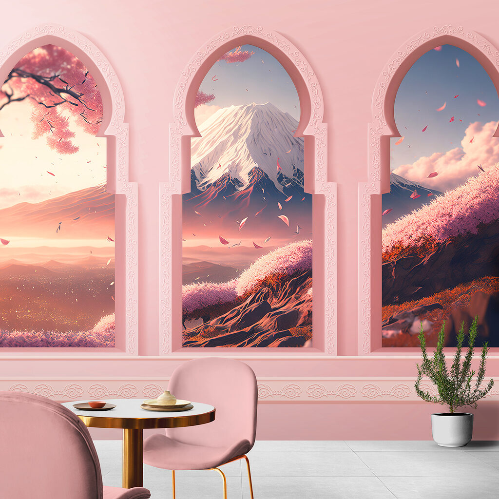 Three arched windows with a mountain view Three arched windows with a mountain view