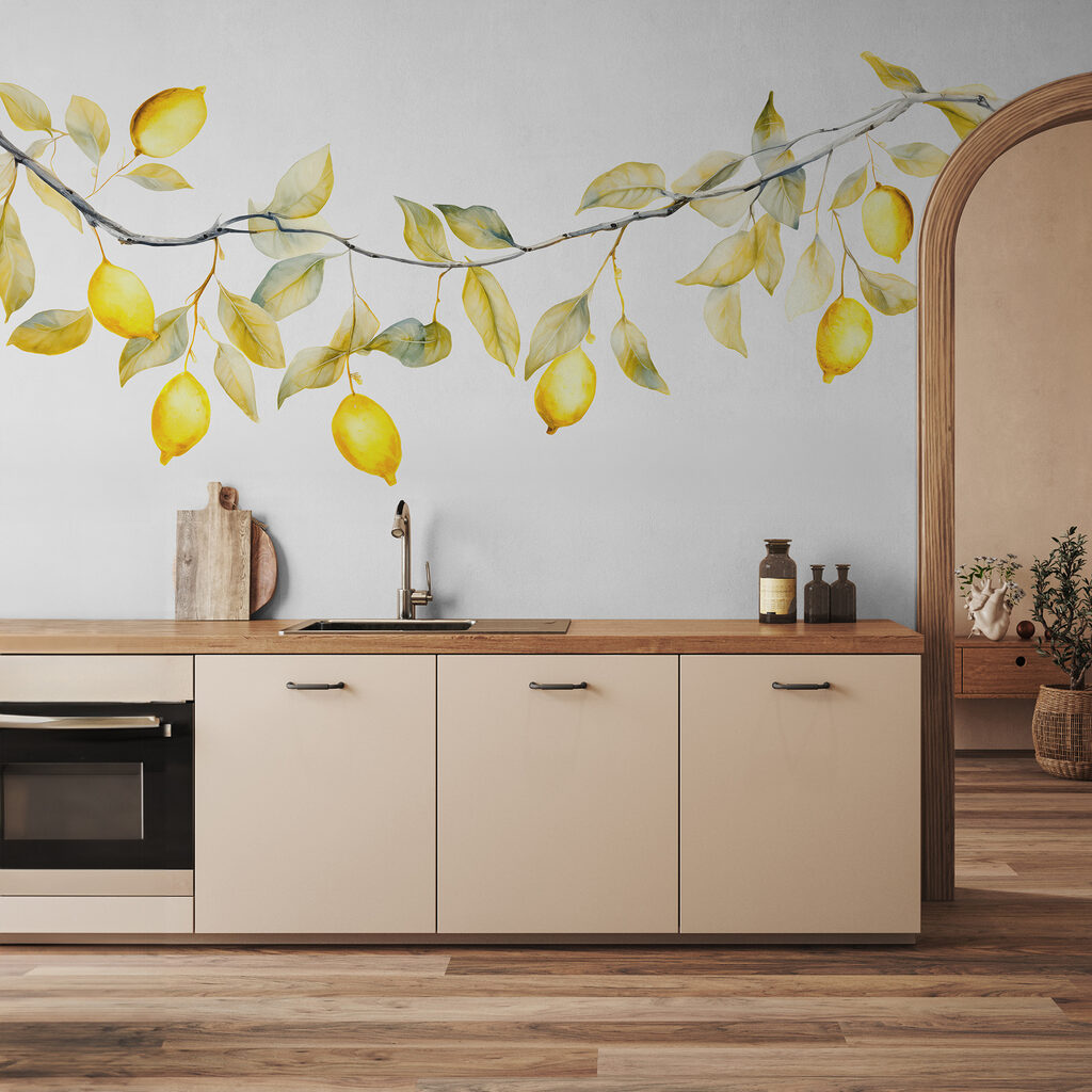 Branch with yellow leaves and lemons