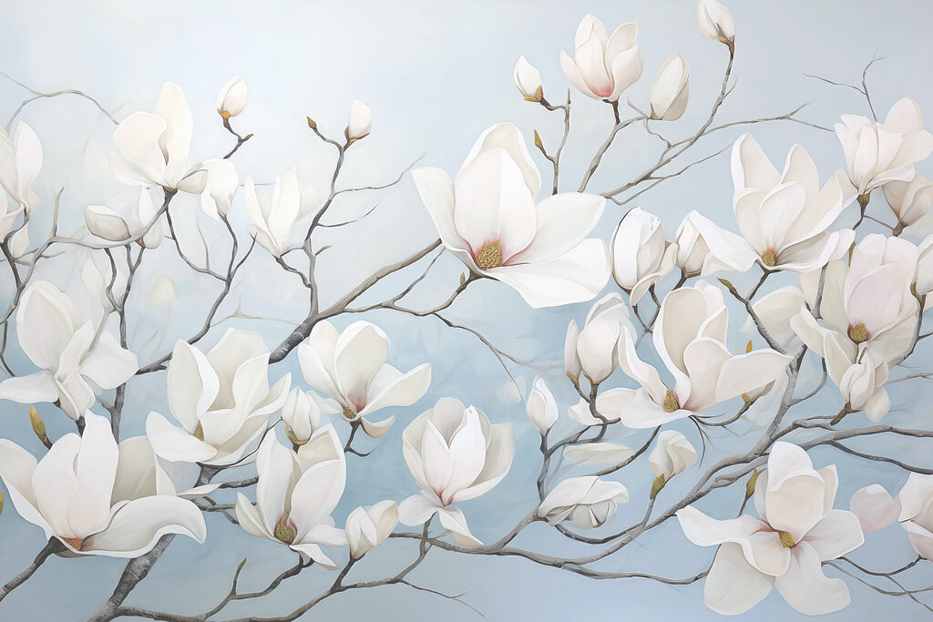 Painting of white flowers on a branch Painting of white flowers on a branch