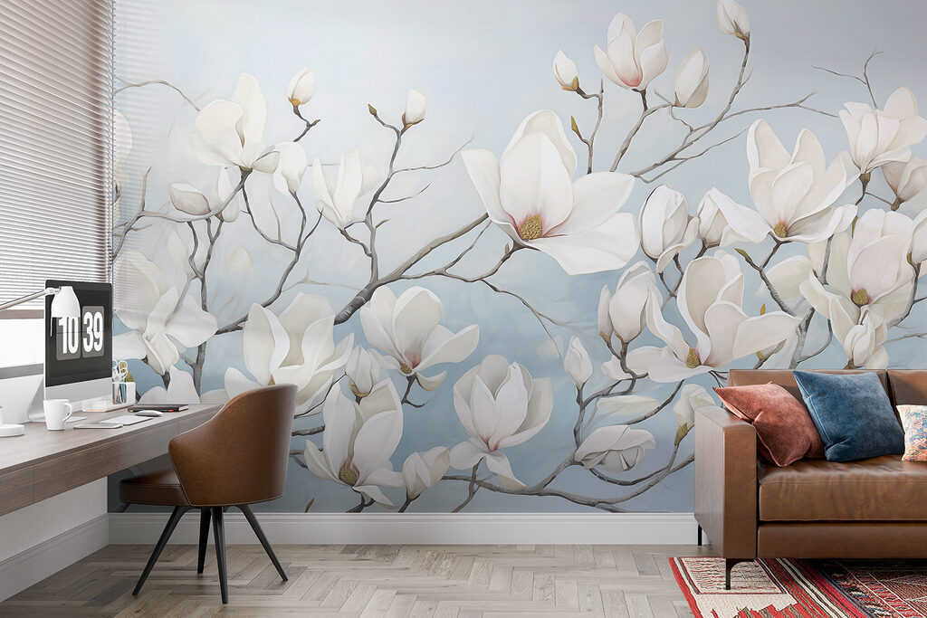 Painting of white flowers on a branch Painting of white flowers on a branch