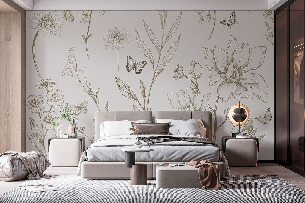 Wallpaper with flowers and butterflies