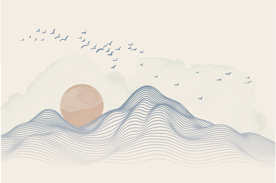 Wall murals Sun and birds flying over a mountain - Image 3