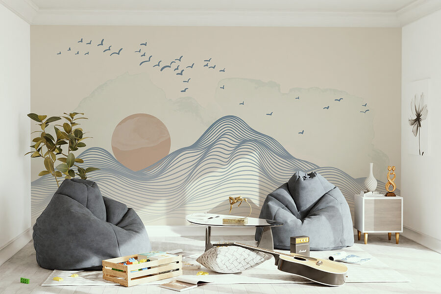 Wall murals Sun and birds flying over a mountain
