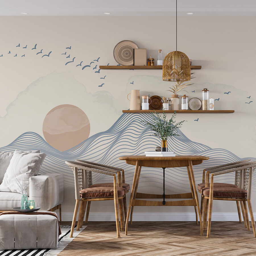 Wall murals Sun and birds flying over a mountain - Image 2