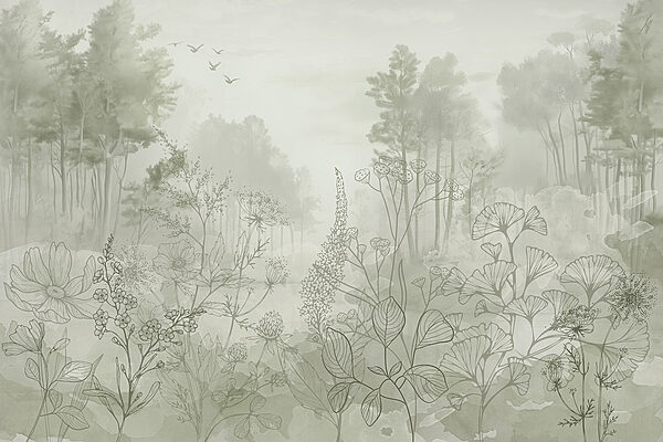 Foggy forest with trees and birds Foggy forest with trees and birds
