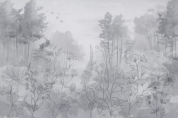 Greyscale image of a forest with birds flying Greyscale image of a forest with birds flying