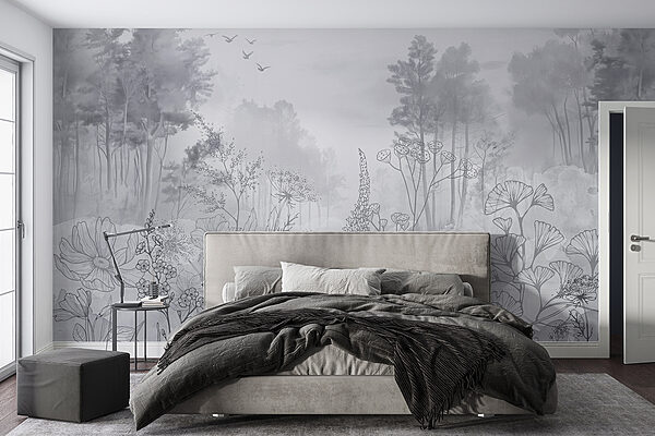 Greyscale image of a forest with birds flying Greyscale image of a forest with birds flying