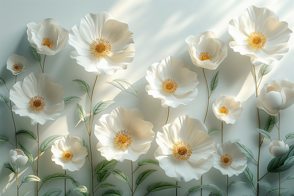 Group of white flowers with green leaves Group of white flowers with green leaves