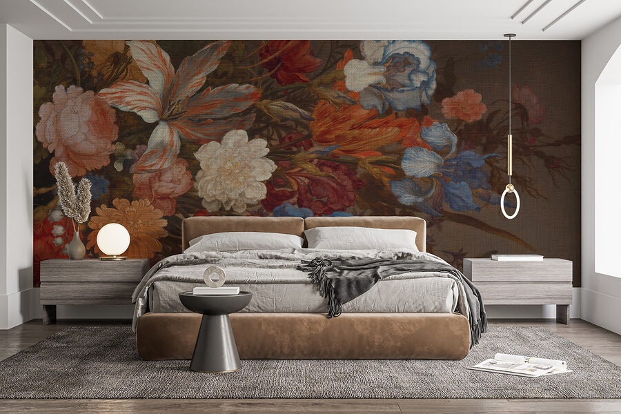 Painting of flowers on a brown surface
