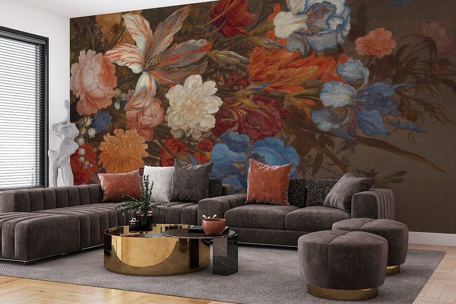 Painting of flowers on a brown surface