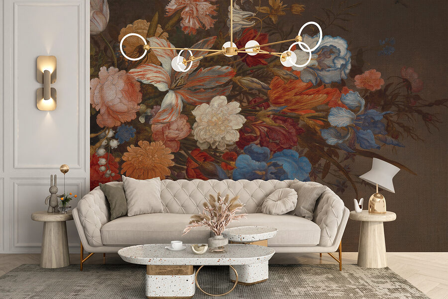 Painting of flowers on a brown surface