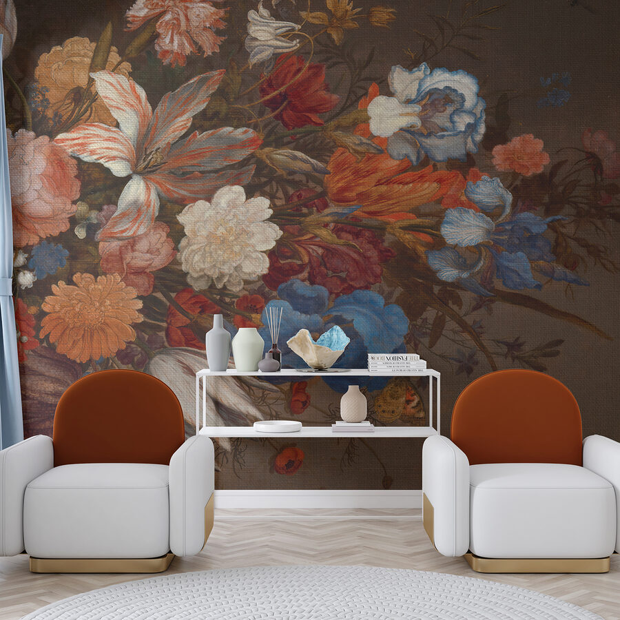 Painting of flowers on a brown surface