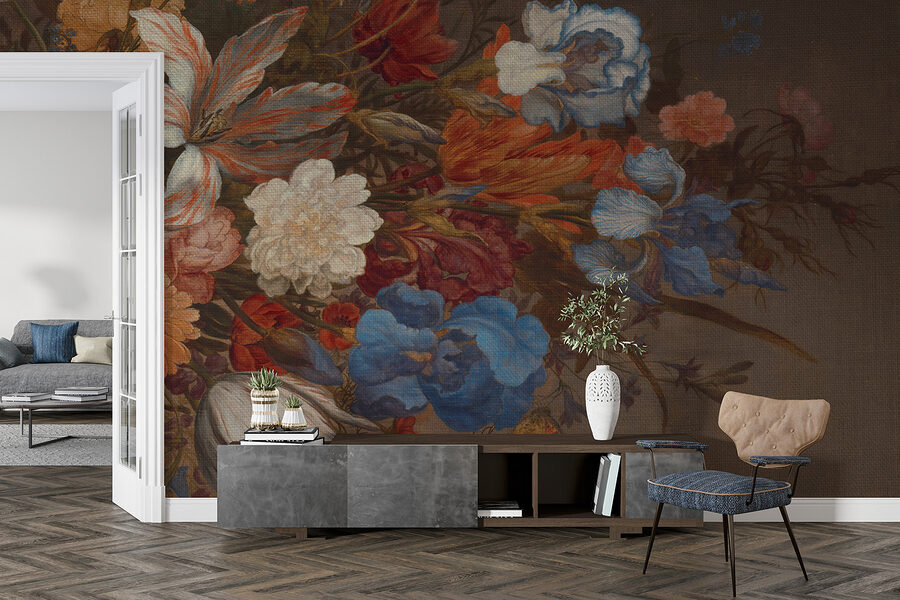 Painting of flowers on a brown surface