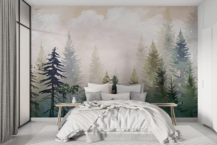 Painting of trees in the fog