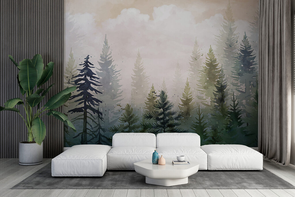 Painting of trees in the fog