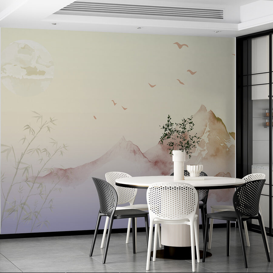 Painting of mountains and birds